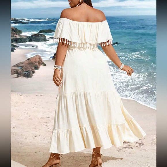 Boho burgundy plus size off shoulder tassel detail maxi dress - Picture 6 of 16